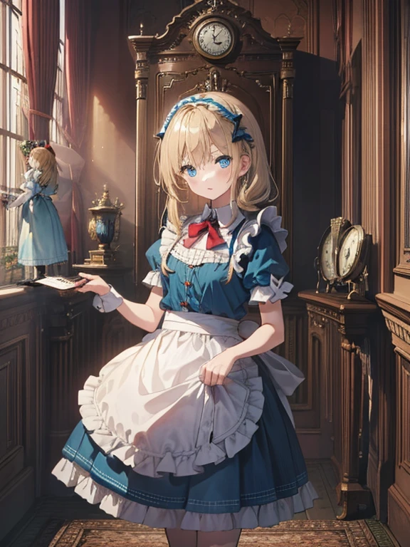 masterpiece, highest quality, Very detailed, 8k, Ultra-high resolution, Cowboy Shot, Alice in Wonderland, , Detailed face, blue eyes, Blonde, Braid, Long Hair, Ribbon on head, Blue Dress, White apron, In a room with a big clock, Clock, wall clock, Music Box