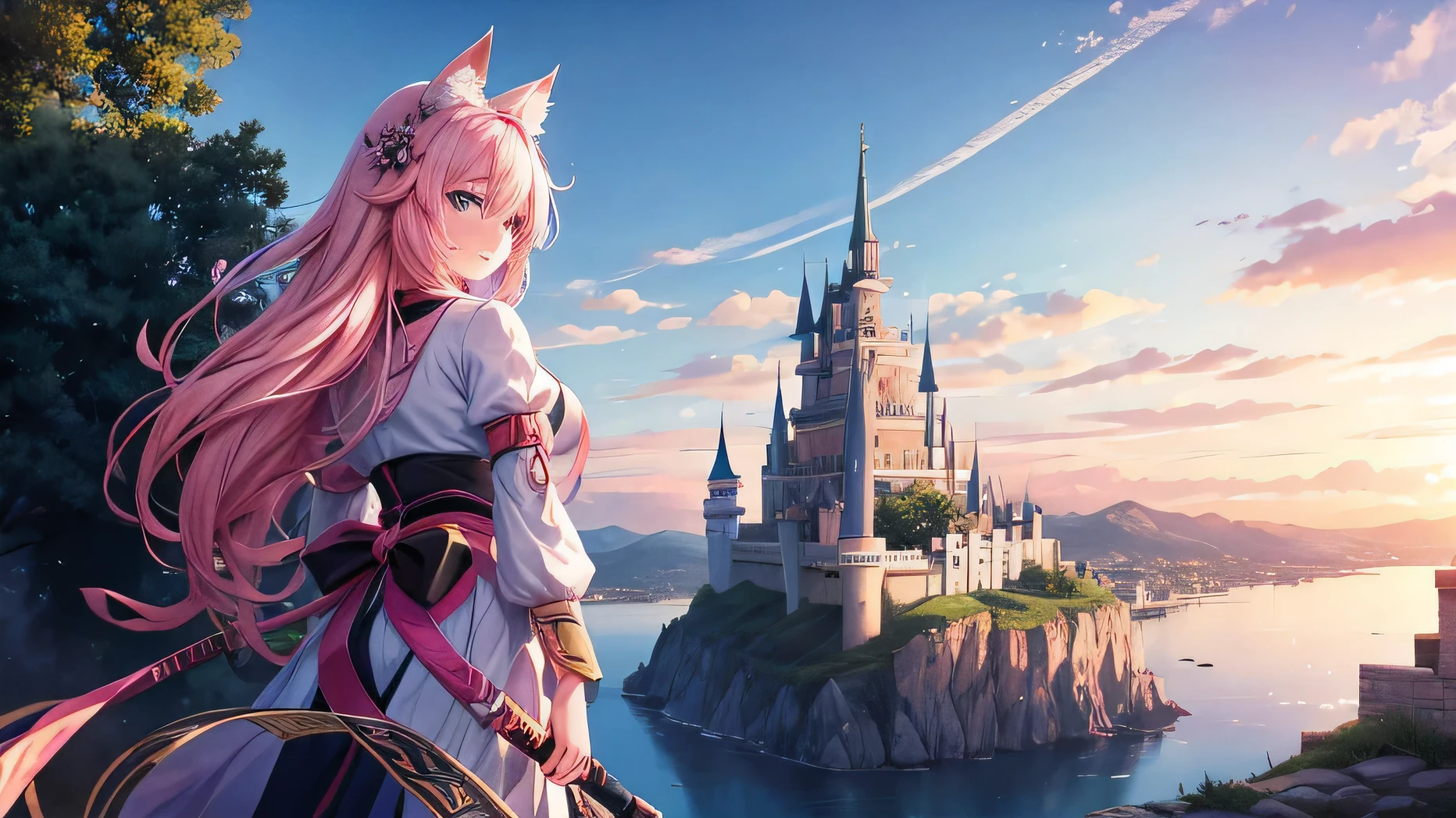 kawai anime girl looking at the horizon with a castle floating in the distance and people in the distance with powers, pink hair, happy, cat ears and panorama mode image that shows the landscape and that the girl does not look at the camera and that her entire body is seen, with a smile on her face, open her eyes, with a katana hanging on her anime waist, anime, anime!!! 4k