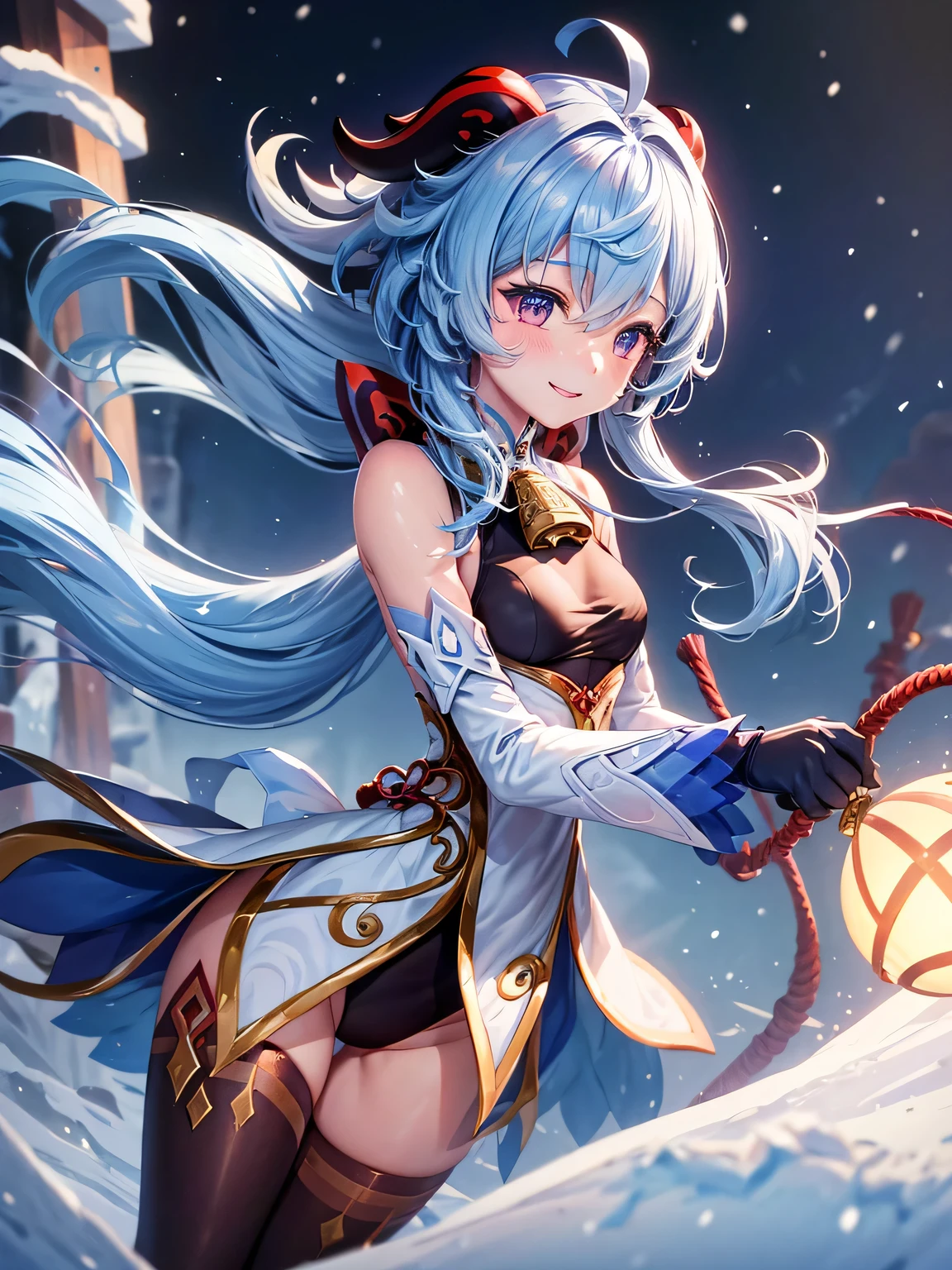 [ganyudef]:1.5,((masterpiece,highest quality,Detailed images,Beautiful images))1.4(Image of ganyu holding a bow、panty hose:1.2、smile、Snow Mountain、morning、Snowflakes drifting all around、Snowstorm、Blue glowing ball、Bright lighting overall、Backlight、A fantastic atmosphere、Thick Fog)1.1(Beautiful body lines、small beauty breasts、Beautiful side breasts)
