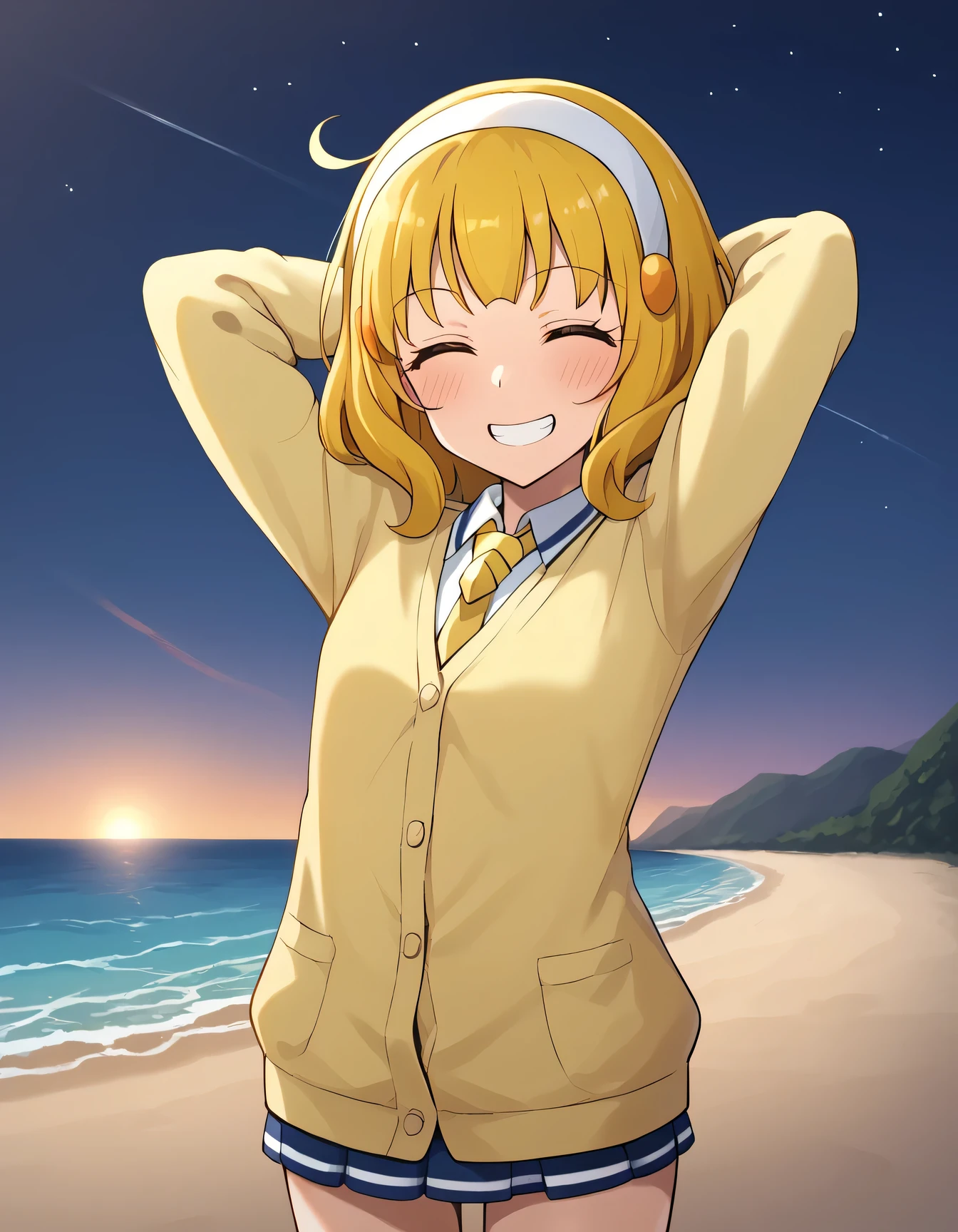 score_9, source_anime, rating_safe BREAK 1girl, solo
kise yayoi, yellow hair, yellow eyes, white hairband, hair ornament, medium hair, nanairogaoka middle , yellow necktie, yellow cardigan, (cowboy shot:1.5), solo, night sky, beach, arms behind head, contrapposto, spread armpits, looking at viewer, best quality, closed eyes,  grin, blushing,