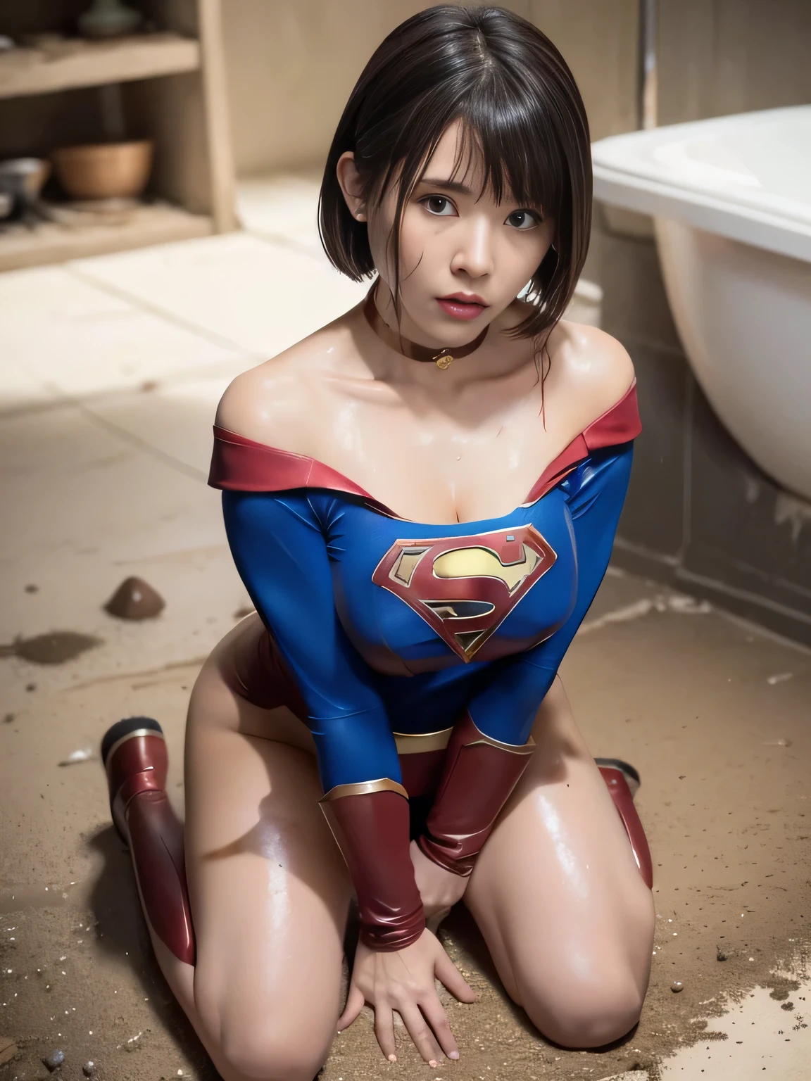 masterpiece、Supergirl Costume、short hair、barefoot、Big and ample breasts、Crisis situation、Complete surrender、Mud stains、Rubble pile、Abused、Kneel、Sweaty、Shiny、looking at the camera、Dripping sewage、choker、Long sleeve、Sexy poses to seduce、Poor environment、Humiliating、Off the shoulder、latex、