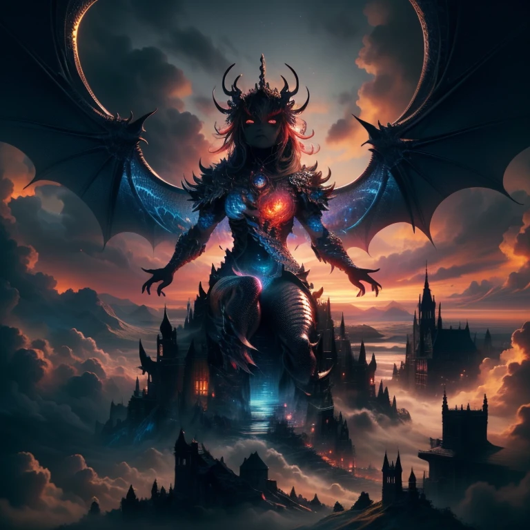 Masterpiece, Detailed, Best Quality, 8K Wallpaper, HDR, Octane Rendering. (Black dragon, perched on a cloud), (Detailed scales, shiny scales: 1.4), (Detailed red eyes: 1.2), Horror beauty, (Detailed body with perfect symmetry), (Fantasy lighting: 1.3), Expressive gaze, captivating pose, delicate scars, otherworldly charm, mystical sky, moonlit night, big full moon, soft colors, (detailed cloud landscape: 1.3), beautiful and detailed scenery
