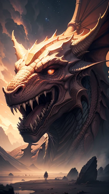 The planet Jupiter becomes a dragon, the texture and color of the planet Jupiter,incredible detailed shot of a magnificent dragon waking up from a thousand years of sleep, the gaze of half-open eyes driving you insane, concept art by Antonio Manzanedo