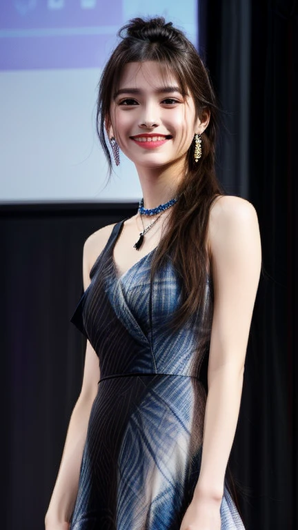 a girl in a tye dye dress and heels, walk in a gala dinner, necklace, messy bun hair, earrings, detailed detail, real skin texture, happy face,