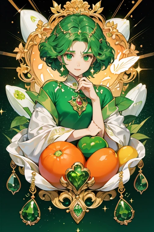 Nephrite's Jewel Charm is orange and oval-shaped with white decor. There is a large green diamond-shaped nephrite in the middle, surrounded by four smaller nephrites and a green heart-shaped nephrite at the top. SPARKLE; GLITTER