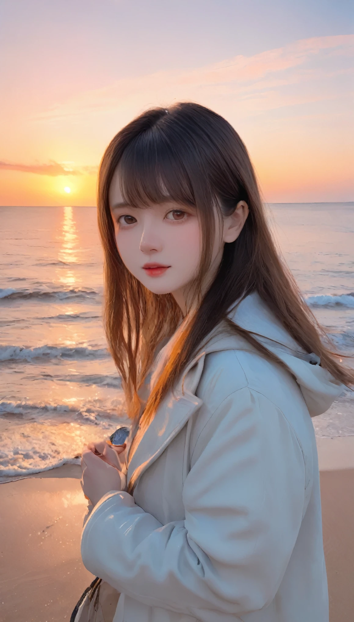 (8k, RAW Photos, highest quality, masterpiece:1.3), (Realistic, photo-Realistic:1.4), (Highly detailed 8k wallpaper), Sharp focus, Written boundary depth,
Japanese Idols,very cute, Baby Face,(coat:1.3),(Long Hair :1.3), Upper Body, Highly detailed face and eyes,((Shiny skin:1.2)), Cinema Lighting, Soft Light, Blur the background,( Calm morning seascape with the sunrise reflected on the water, Create a sparkling effect. In the distance, I see a small fishing boat, As we approach the coast, Shells scattered on the sand. The sky is bathed in soft shades of pink and orange., Some clouds drifting :1.2)