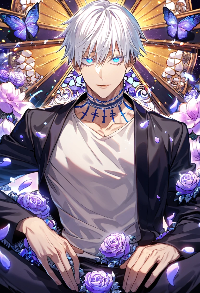 Ultra detailed, Highres, absurdres, HDR, Gojo Satoru, white hair with bangs, expressive blue eyes, hair between the eyes, white eyelashes, black coat with patterns, Jujutsu Kaisen, white shirt, cross, glittering purple butterflies, petals, handsome, sexy man, solo, very detailed eyes and face, master piece, toned chest, glittering, purple flowers, sitting, tattoo on his neck, black pants,