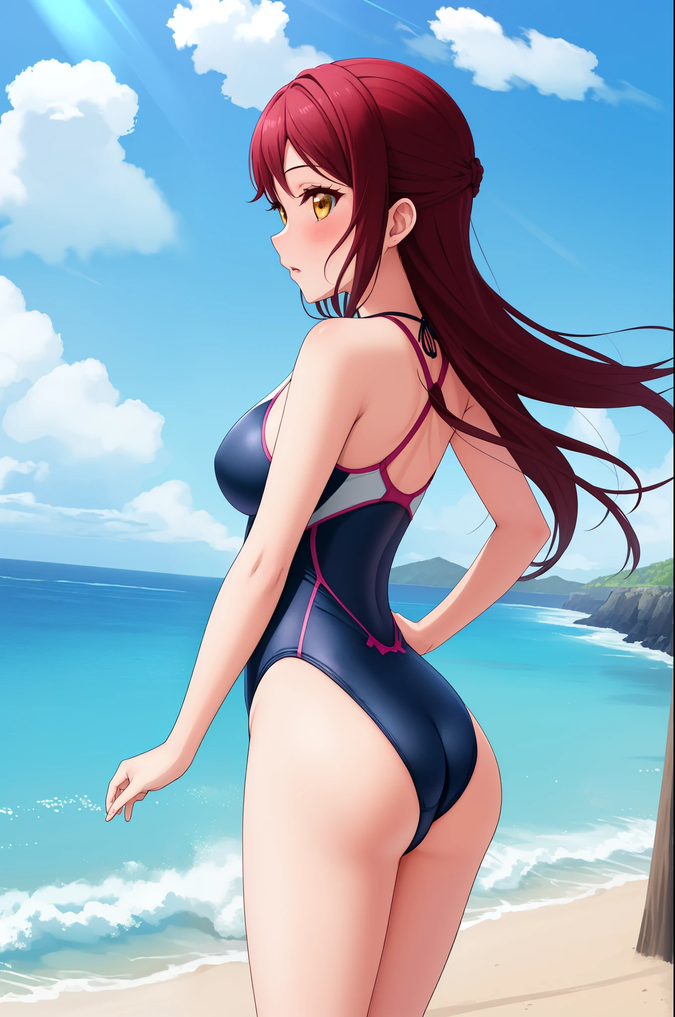 Masterpiece,best quality,Solo, cowboy shot, slightly from side,Sakurauchi riko, long hair, blush,love scene, leotard swimsuit, breasts, high-leg,thicc ,day,beach in background , side ass