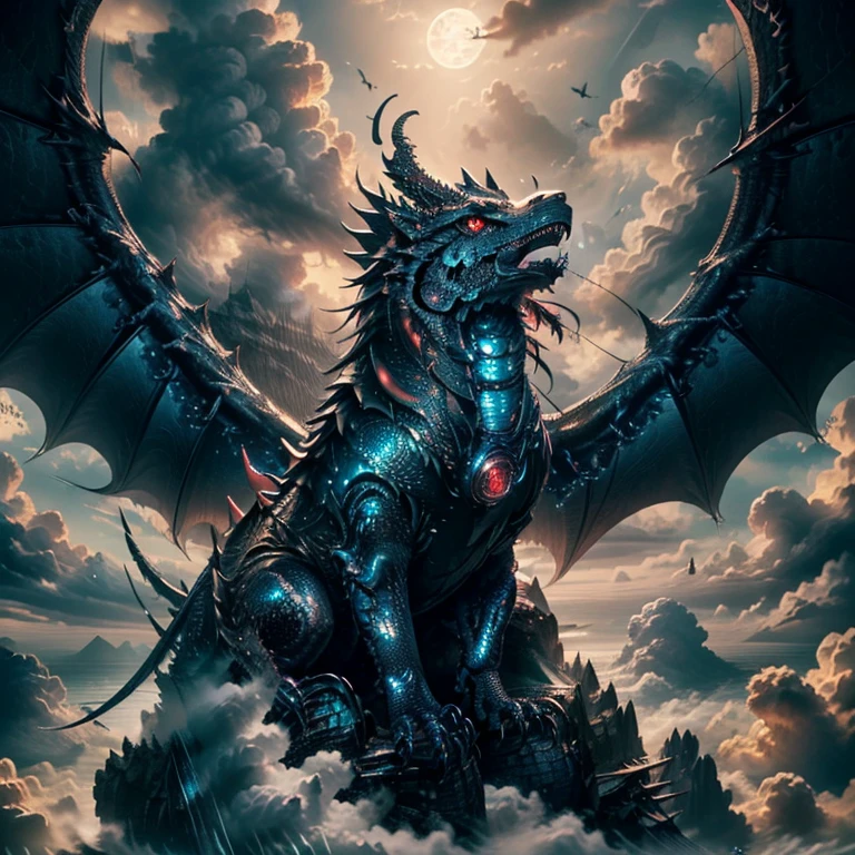 Masterpiece, Detailed, Best Quality, 8K Wallpaper, HDR, Octane Rendering. (Black dragon, perched on a cloud), (Detailed scales, shiny scales: 1.4), (Detailed red eyes: 1.2), Horror beauty, (Detailed body with perfect symmetry), (Fantasy lighting: 1.3), Expressive gaze, captivating pose, delicate scars, otherworldly charm, mystical sky, moonlit night, big full moon, soft colors, (detailed cloud landscape: 1.3), beautiful and detailed scenery