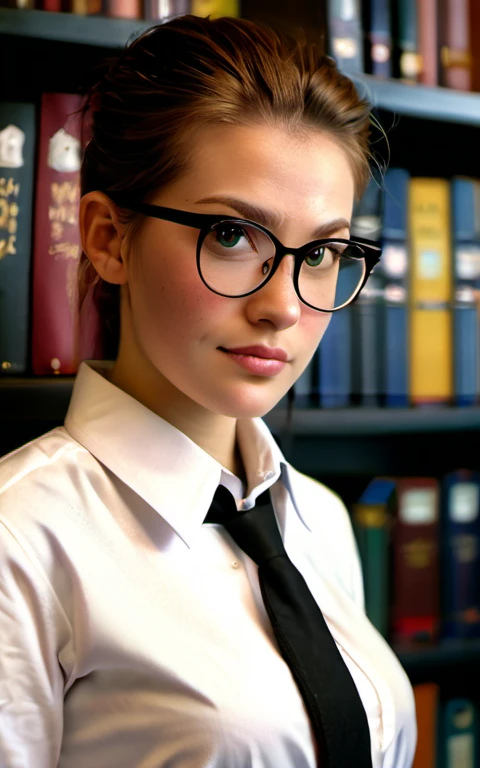 a 23 year old beautiful Norwegian librarian stands between bookshelves, looking at the viewer seductively, seductive, smirk, full lips, white button up shirt, black pencil skirt, reading glasses, Ultra-HD-details, RAW candid cinema, 16mm, color graded portra 400 film, remarkable color, ultra realistic, textured skin, remarkable detailed pupils, realistic dull skin noise, visible skin detail, skin fuzz, dry skin, shot with cinematic camera