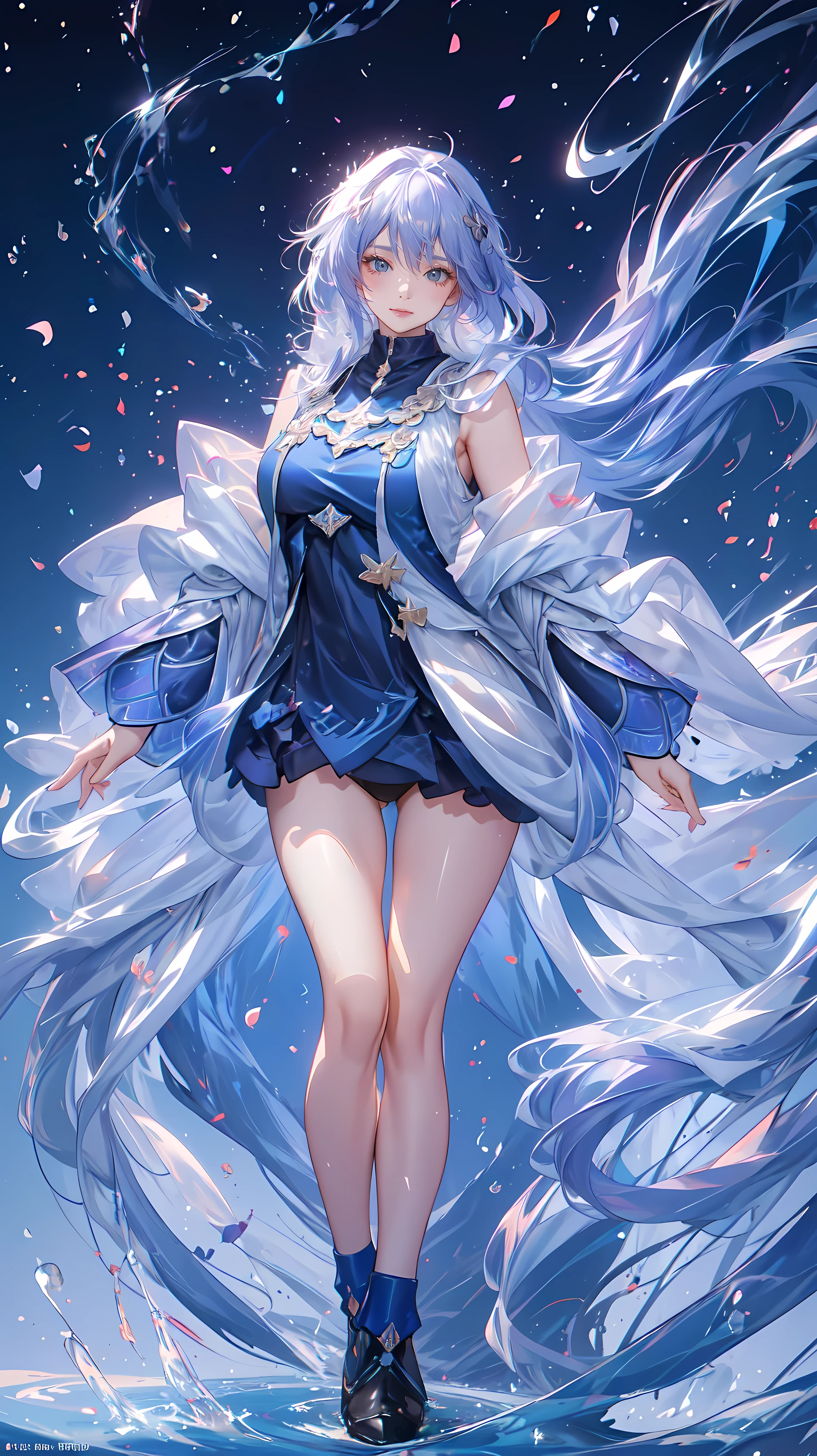 ((FULL BODY)) ((((SHOW PANTIES)))) (((BIG GIANT BOOBS))) ((ANATOMY CORRECTED)) ((BLUE WHITE COLOR THEME DESIGN)) ( | A WOMEN WEAR ((SEXY OUTFIT)) FLOATING IN THE BLUE WATER SAKURA TREE PETALS FAILING BACKGROUND IS A BLUE SKY HORIZON WITH STARS | big eyes, ((big boobs)) sexy pose, big thigh, full body, large breasts, open legs, show panties, smile, portrait knights of zodiac, extremely detailed ((pixiv arts)), high detailed official artwork, [ tarot card ]!!!!!, detailed key anime art, knights of zodiac anime, beautiful celestial mage, firefly from honkai star rails, full body | (dynamic angle:1.1), outline, ((thick line art)), cover, stylish, official art, (details:1.2), (fantasy), garden, (bloom:1.1), glow:0.2, shadow, nature, flower, splash water, crystal, snowflakes, particles, bokeh, anamorphic light (depth of field), sharp focus, (volumetric lighting), (bokeh:0.6), film grain:0.4, (soft lighting:1.1) (VIGNETTE:1) | high-quality, ultra-detailed illustrations, ultra-high resolution, (high resolution, overwhelmingly pixel-perfect, luxurious illustration), (Ultra Quality, Masterpiece, Ethereal:1.4) photorealistic:.1.4, UHD (8k, RAW photo, best quality, masterpiece:1.2)