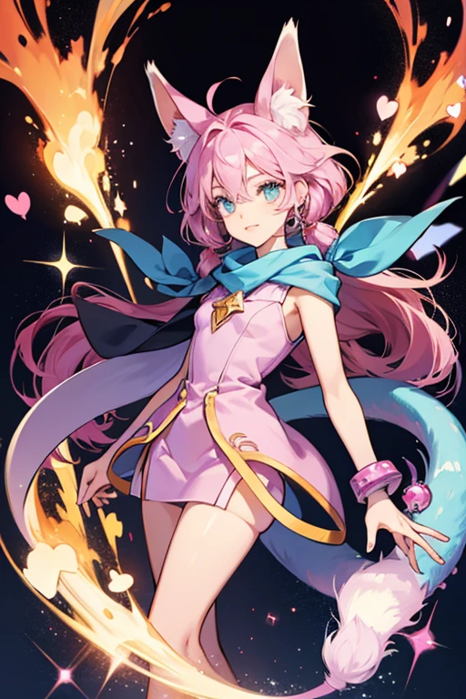 Twin tails with long pink hair、Two Devil's Horn Heads、The length of the bangs is beautifully the same、Bangs are bangs、Cheeky eyes on flying car、Proud look、Sexy eyes、Doya face、smiling mischievously、Sorcerer's costume、Red cloak is swinging、breasts are heavily exposed、Wearing a skirt、perspiring、splash water、Blue magic wand in right hand、The magic wand glows blue、Fire magic、Unleash a fireball、Red fireballs and lights run around the body、Twinkling stars in the night sky、Meteors are beautiful、The magic circle glows suspiciously、Fire Lamp Pillar、Lightning thunder leaps into magic、Isekai Warrior