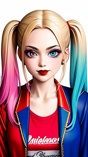 masterpiece, best quality, high quality, 1girl, solo,
harley quinn, twintails, smile, blue eyes, blonde hair, jacket, multicolored clothes, blue hair, looking at viewer, makeup, multicolored hair, multicolored jacket, simple background, shirt, blue background, open jacket, upper body, earrings, gradient hair, jewelry, open clothes, collarbone, long hair, red lips, blue jacket, red jacket, red hair, lipstick, long sleeves, multicolored shirt, pink hair, clothes writing, upper body, medium breasts,