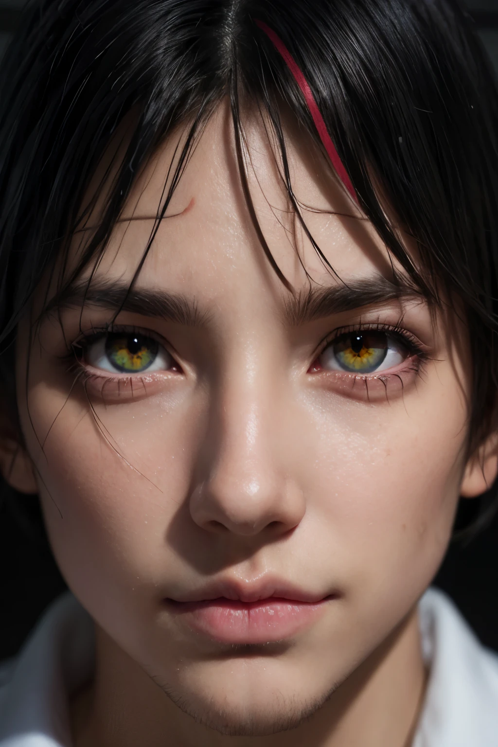 obra maestra, mejor calidad, juego cg, 1 chico, solo, enfoque masculino, mirando al espectador, , profundidad de campo, diablo_Tensei_Shitara, pelo negro, ojos amarillos, multicolocabello rojo, pelo rayado, cabello rojo, colored sclera, black sclera, , ww 2, 16K resolution