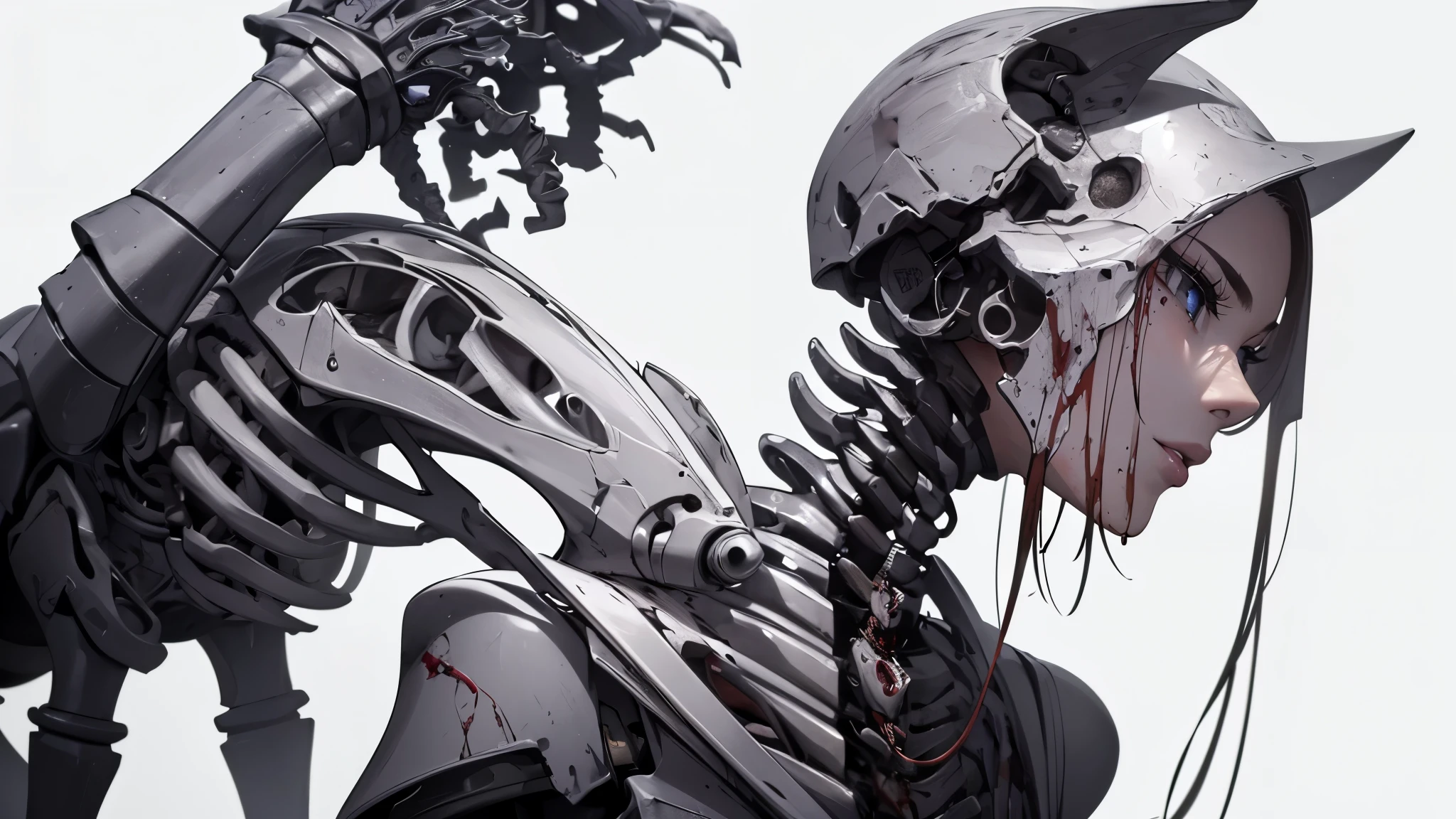 ((8K resolution))、((highest quality))、((masterpiece))、((Very detailed))((((dramatic))), (Anatomically correct)、The depth of the object to write、Looking at the camera、front、(woman、Mechanical bones格、Mechanical boneechanical Cervical Vertebra、Long and thin、lipstick、Spit sludge from the mouth、Bloody)、spooky、an ominous、((theme、whole body:1.1)), SF、Design、White Background