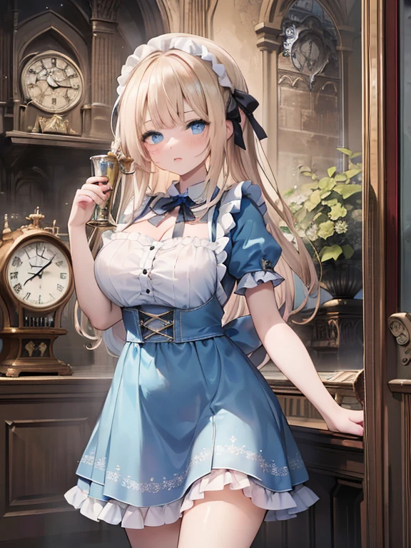 masterpiece, highest quality, Very detailed, 8k, Ultra-high resolution, Cowboy Shot, Alice in Wonderland, ****************, Detailed face, blue eyes, Blonde, Braid, Long Hair, Ribbon on head, Blue Dress, White apron, In a room with a big clock, Clock, wall clock, Music Box