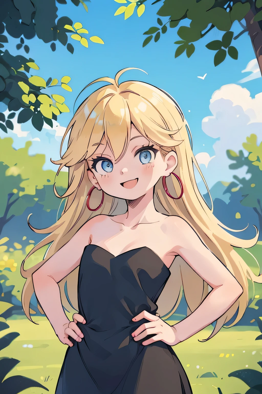 masterpiece, best quality, solo, 1 girl, panty, black dress, blue eyes, long hair, blonde hair, hoop earrings, upper body, collarbone, bare shoulders, strapless, black sweetheart dress, black pencil skirt, right arm down, contrapposto, left hand on own hip, parody, smile, outdoor, standing up