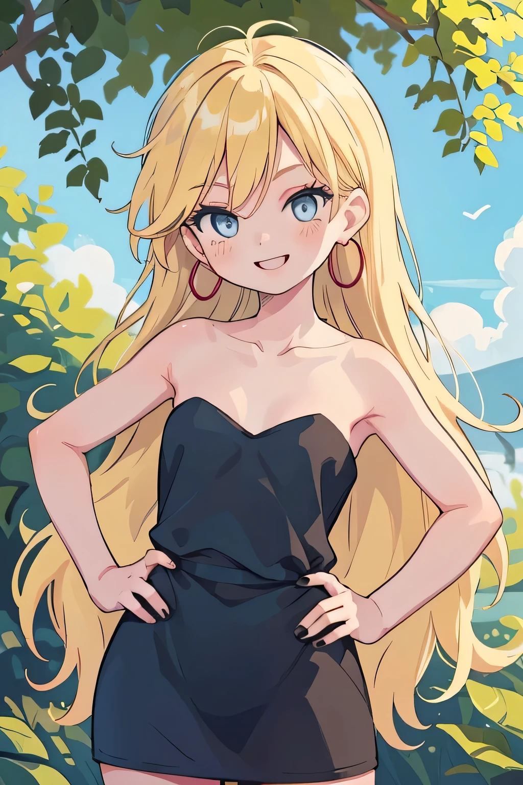 masterpiece, best quality, solo, 1 girl, panty, black dress, blue eyes, long hair, blonde hair, hoop earrings, upper body, collarbone, bare shoulders, strapless, black sweetheart dress, black pencil skirt, right arm down, contrapposto, left hand on own hip, parody, smile, outdoor, standing up