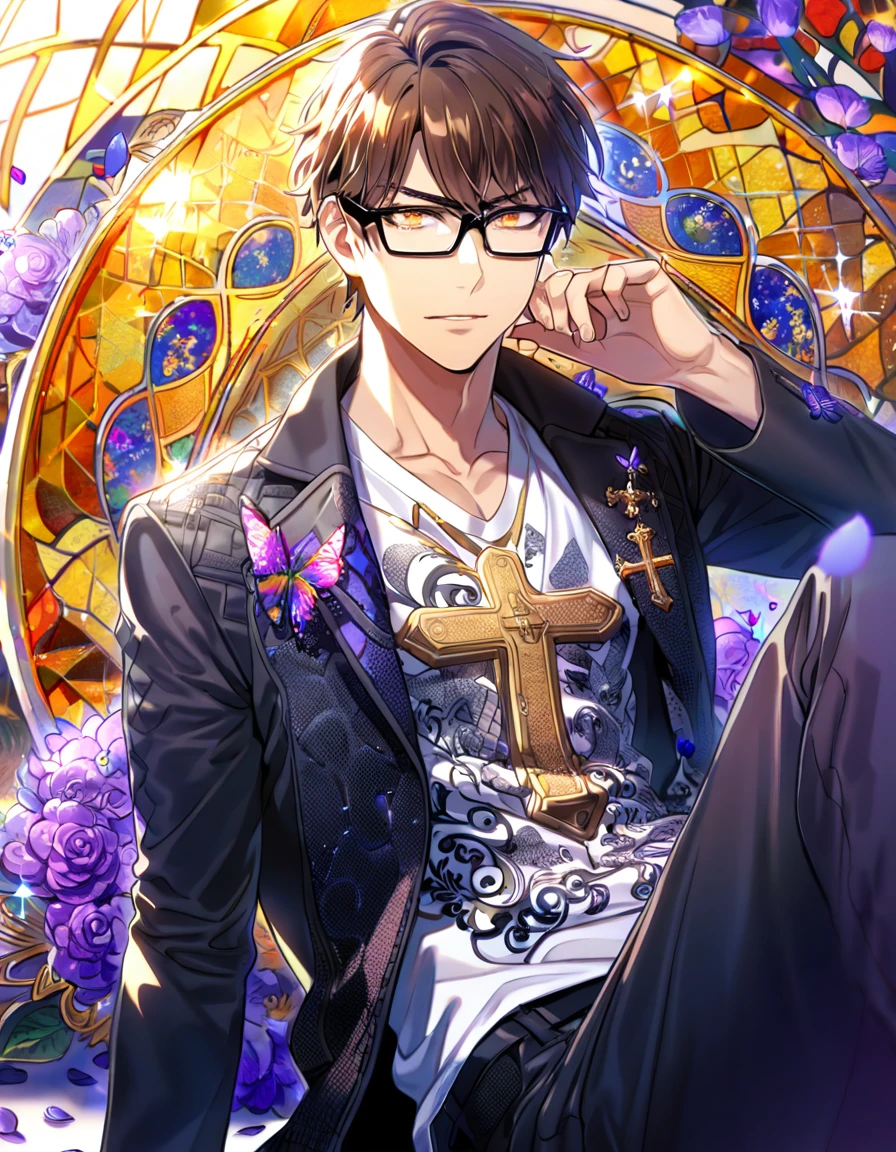 Ultra detailed, Highres, absurdres, HDR, Miyuki Kazuya, brown hair, expressive amber eyes, black coat with patterns, black glasses, Diamond No Ace, white shirt, cross, glittering purple butterflies, petals, handsome, sexy man, solo, very detailed eyes and face, master piece, toned chest, glittering, purple flowers, sitting