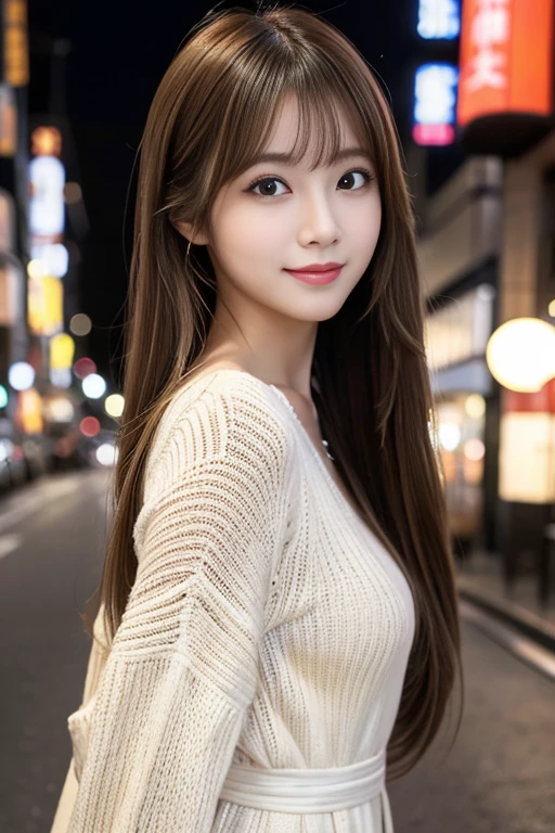 masterpiece、1 beautiful girl、Detailed eyes、Puffy eyes、highest quality, 超A high resolution, (Reality: 1.4), Cinema Lighting、Japanese、Asian Beauty、Super Beauty、Beautiful Skin、Slender、Body facing forward、(Surreal)、(High resolution)、(8k)、(Very detailed)、(Beautiful and detailed eyes)、(Ultra-detailed)、 (wallpaper)、Detailed face、Bright lighting、Professional Lighting、View your viewers、Look straight ahead、(The costume is a knit dress)、Long Hair, Golden Hair,My hair is messy, Asymmetrical bangs, 、Night Scenery、Brown Hair、Japan is an idol、Korean Idol、Gravure idol pose、、19 years old、Blonde: 1.8、smile、