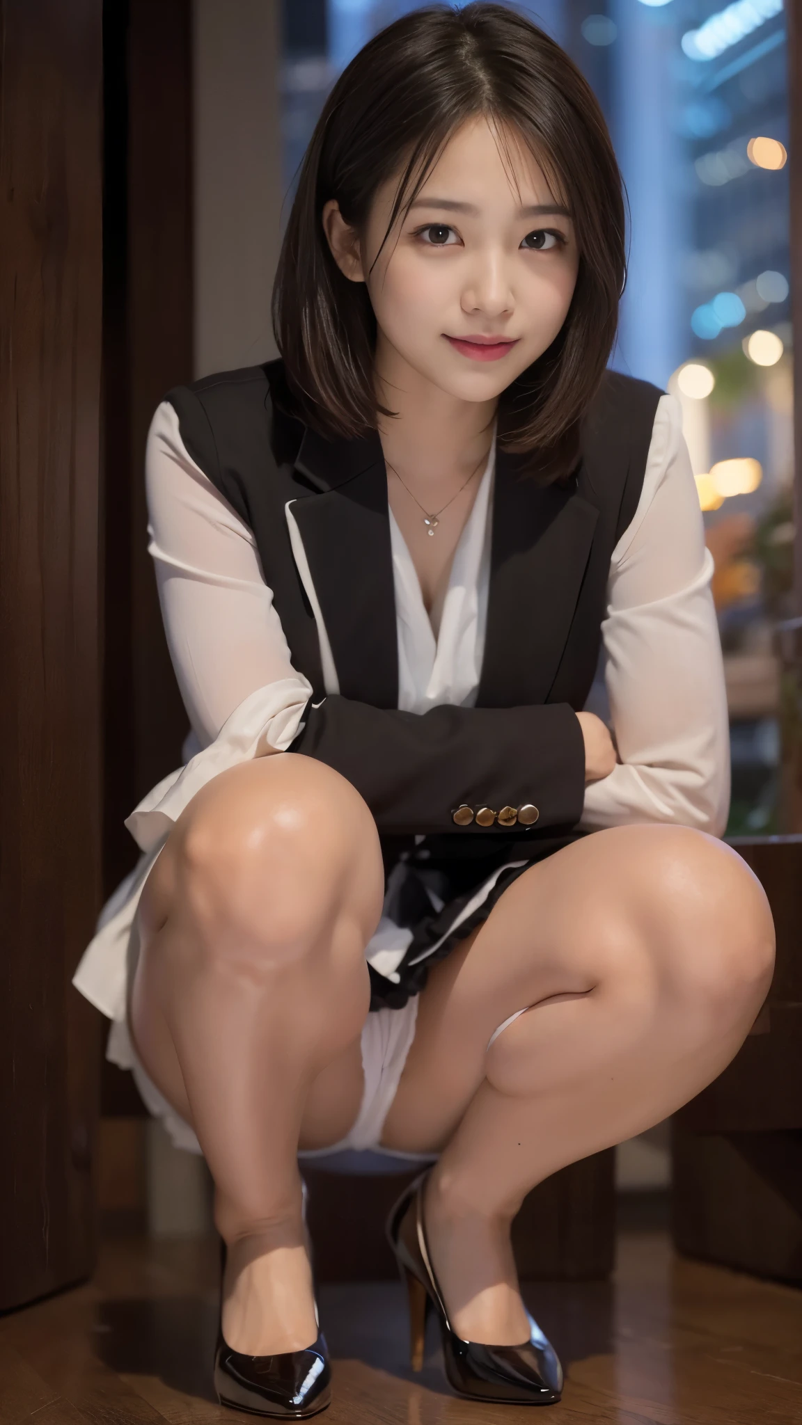 1 girl、(Looking at the audience)、(Bokeh:1.1)、Lips parted、Expressionless、Realistic、tights、skirt、Skyline、Realistic、アップskirt、skirtリフト、highest quality、masterpiece:1.3、超A high resolution、View from below:1.25 、Panties close up:1.35、Expression of a big laugh、The background is a night view、(Look Viewer:1.3)、(Beautiful Face:1.2)