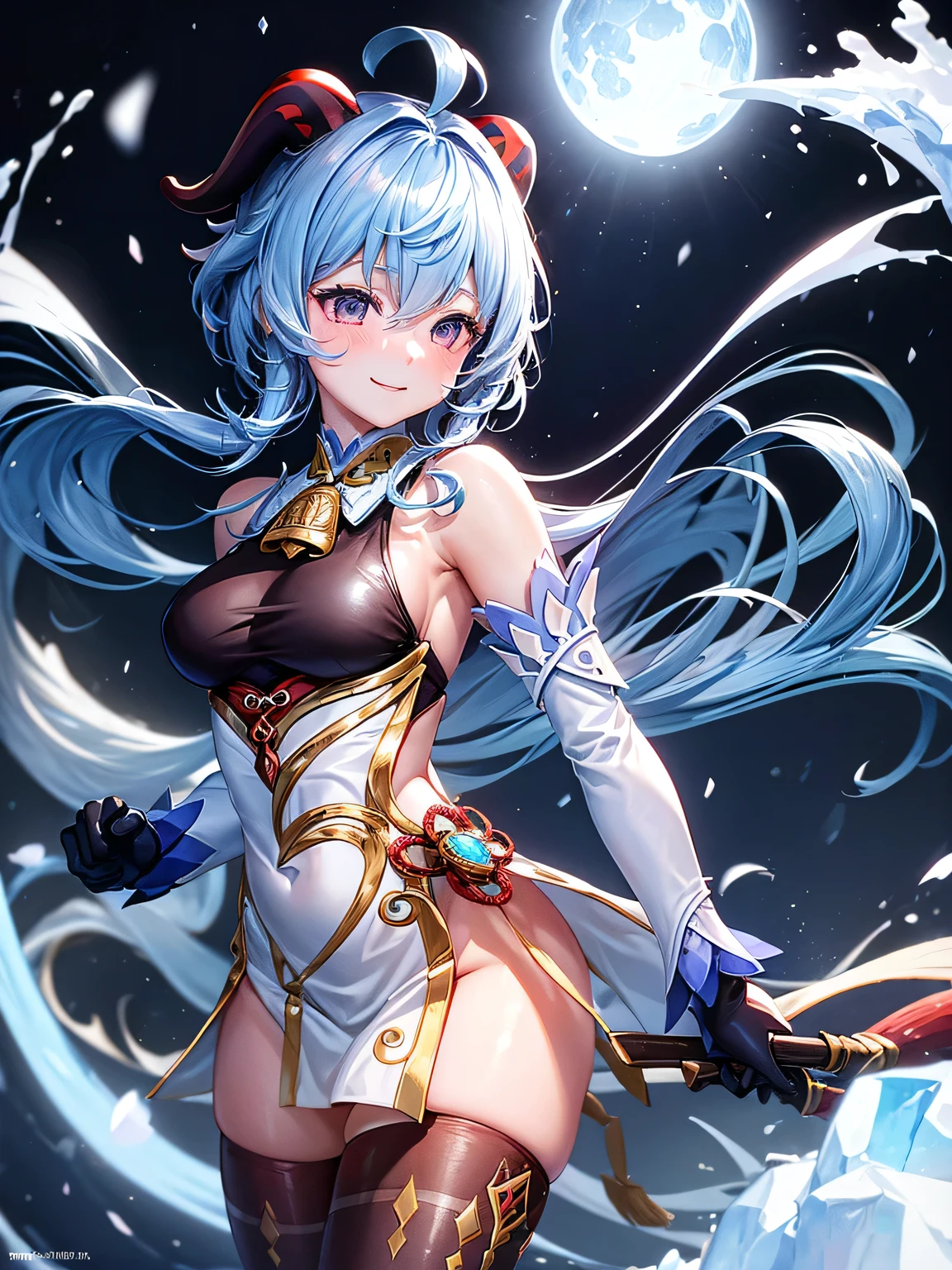 [ganyudef]:1.5,((masterpiece,highest quality,Detailed images,Beautiful images))1.4(Image of ganyu holding a bow、panty hose:1.2、smile、Snow Mountain、morning、Snowflakes drifting all around、Snowstorm、Blue glowing energy、Bright lighting overall、Backlight、A fantastic atmosphere、Thick Fog)1.1(Beautiful body lineedium beauty breasts、Beautiful side breasts)

