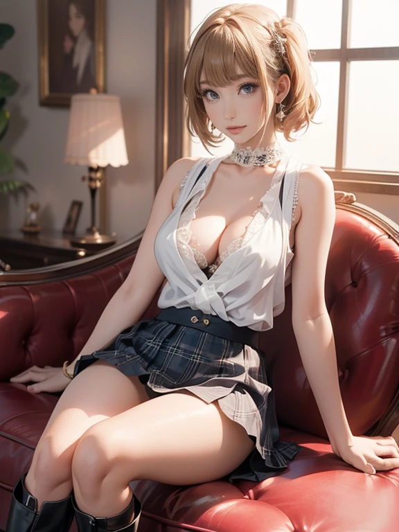 A perfect depiction of beautiful hands and fingers(Increase contrast)、(Increase saturation)、(25 year old super beautiful girl)、(Fair skin)Beautiful woman with perfect figure、Cute Face、、(Lifelike face)、Short Bob、Blonde、Hair over the ears、Realな目、Natural Makeup、Beautiful details、(Realistic Skin)、Beautiful Skin、Charm、Ultra-high definition、超Real、Real、Very detailed、、bangs)、(White lightweight tank top、Knee-high boots、Cute Japanese Idols、Tartan、I can see the cleavage)((Very short mini skirt)) Cafe、Chair、Beautiful valley、Super big 、Narrow waist、Long legs、Crossing legs