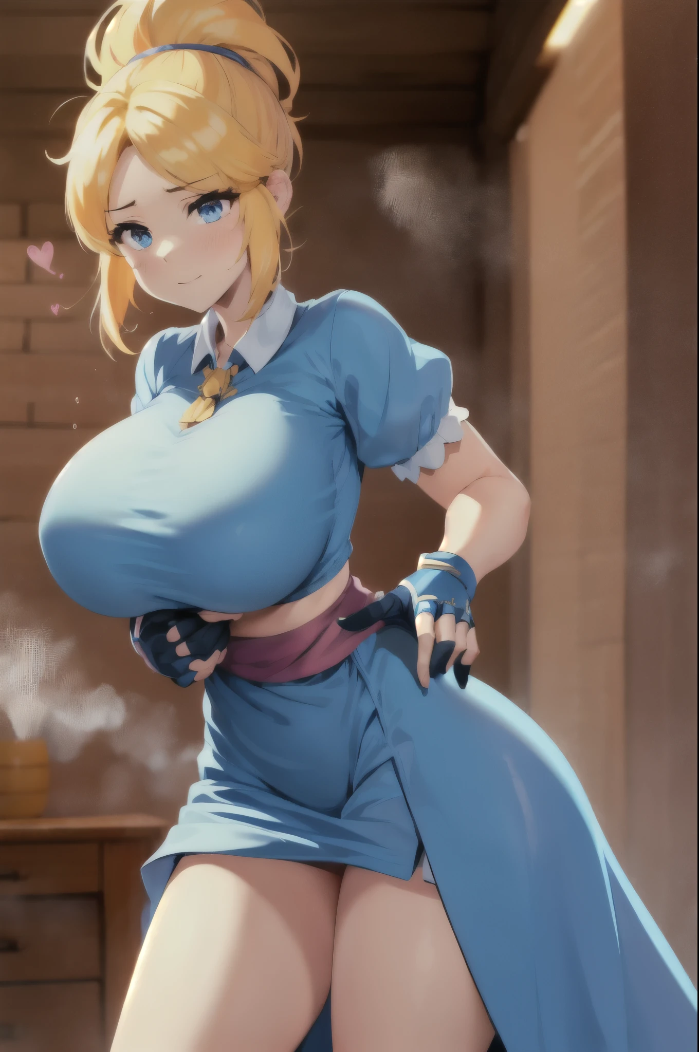 cowboy shot, One, 1 Girl, piper,  blonde hair, ponytail, Blue dress, puffy short sleeves, fingerless gloves, gigantic грудь,  giant buttocks, Huge thighs, big body, touches breasts, takes his breast, breastfeeding, more tits,Bigger breasts, very gigantic tits, caresses her breasts, squeezes chest, grabs tits, lifts his chest, holds his chest,  hot, droplets of steam on the body,  big breasts, breast milk, vagina, смотреть на vagina, gigantic девушка,  Gigantism, gigantic, Very huge, looks down, The camera is directed from bottom to top, 