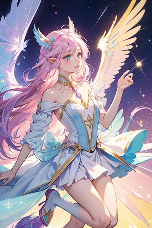 Opal is a winged unicorn with a periwinkle body, a light yellow horn on her head, pink inner ears and a purple mane and tail. Her Jewel Eyes are made out of purple and blue opals. For her attire, her wings are decorated with rosaries of blue, pink and yellow jewels. SPARKLE; GLITTER