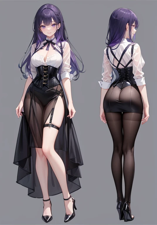 Purple hair,long hair,Adult female,Bartender,((Body harness)),((Rolling up your sleeves shirt)),Clothes with an open chest,See-through clothing,(Corset),(skirt),(slit),High heels,((Simple background)),Smile,((Full body)),((whole body)),Character Sheet,