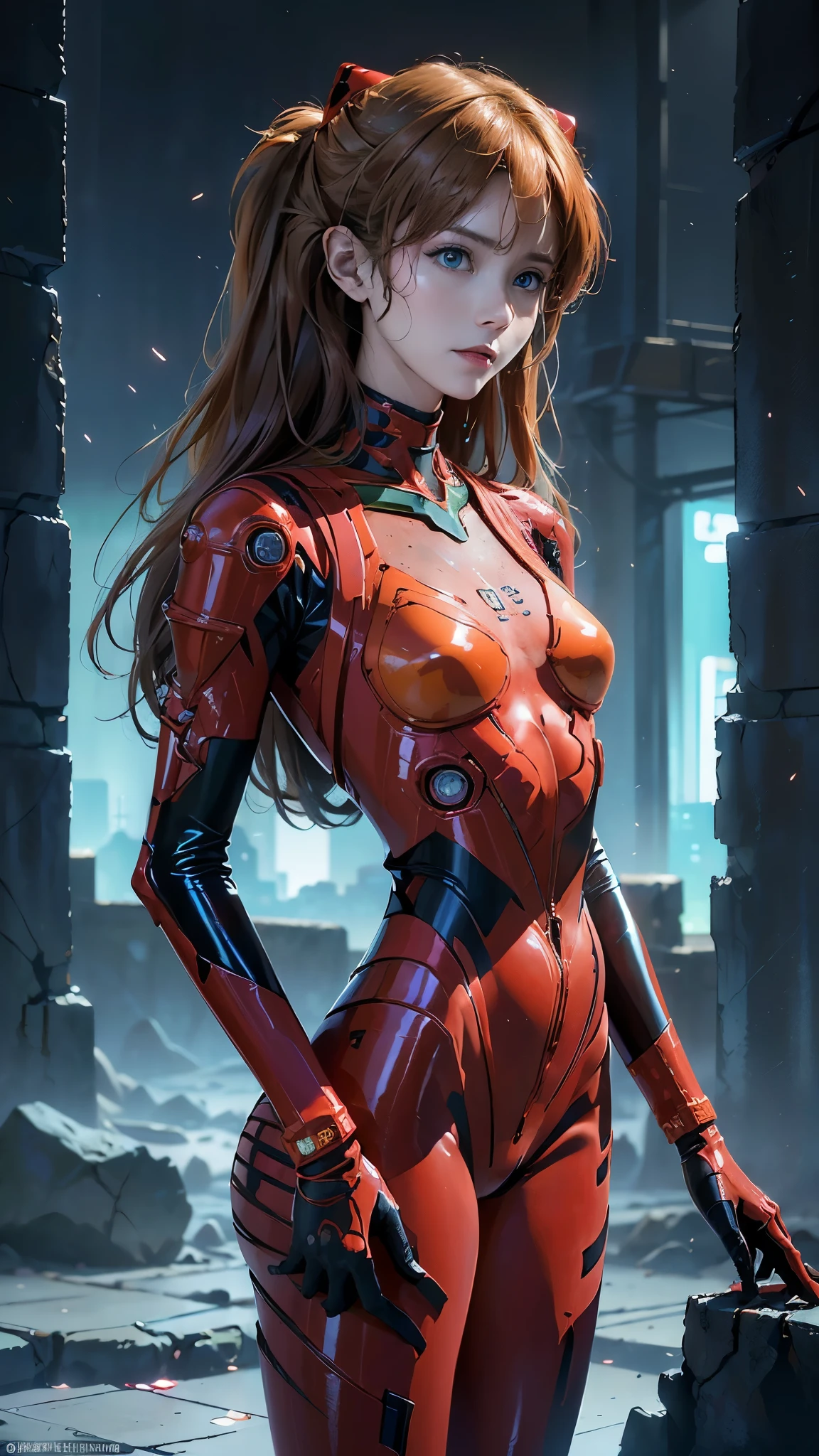 Masterpiece,8k,3D,(((Full-body:1.1))),(Realistic),Photography,Best Quality,perfect anatomy,NSFW1.1, 1 Female, (((souryuuasukalangley, crimson plug suit 02)))),20 years old,(Tall body,Small face)),Coloring ,(from below:1.5)),(Turning Pose:1.5),(Face and eye details :1.1), Detailed face, Detailed lips, Detailed eyes, Double eyelids, ((Beautiful face, Beautiful eyes, Blue eyes)), (Thin sharp pale eyebrows, long eyelashes), (Seductive smile),((See through))),(((Crimson bodysuit, Crimson latex suit, crimson enamel suit)))), (Glossy),(Black latex inside arm)),wet body,Wrinkles on clothes, The small logo pattern on the chest is 02, (((Black mecha parts with a perfect circle under the chest)),(((Black mecha parts with a perfect circle on the shoulder)),Detailed metallic gloss,Two simple thick black lines from the thighs to the buttocks,Green parts on the shoulder blades,((cameltoe)),(erect ,(Delicate and beautiful fingers)),(sleek body line)), twin tails, long legs, thin waist,pale skin, ((open sea,on board an aircraft carrier,on a battleship,vivid blue sky,horizonline,strong natural light,detailed background, sunlight),self-righteous, arrogant, blush, ((shy)), very delicate and beautiful girl, stand,open legs,( to8 contrast style), movie lighting: 1,UHD, DSLR, Fujifilm XT3, sharp focus: 1.2, maximum clarity and sharpness, multi-layer textures, albedo and specular maps, surface shading, accurate simulation of light-material interaction
