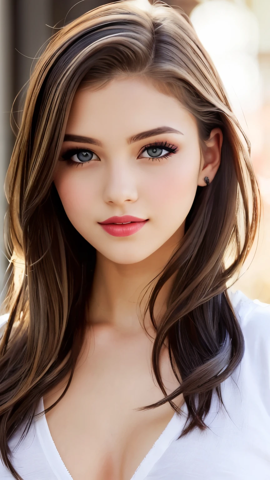 beautiful girl, brown eyes, beautiful 18 year old girl, Brown highlights hair, undercut pixie hair, short hair, lips, realistic, narrow waist, charming, pink lipstick, colorful makeup, long eyelashes, fair skin, (cute), (detailed face), detailed eyes, detailed iris, (large breasts:1.2), (cowboy shot), (white school shirt)