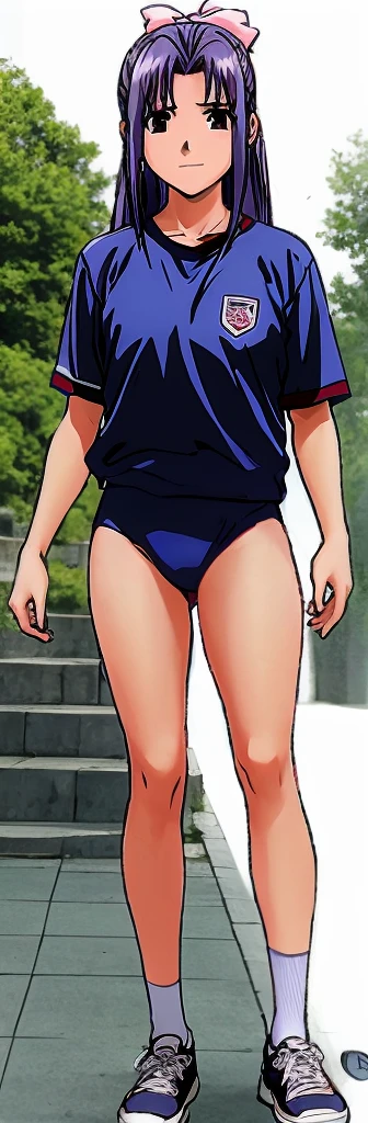 Momoko Koigakubo, a tall girl with beautiful legs, is wearing white gym clothes and light navy blue bloomers that look like panties, and is standing with her legs spread apart with a smile.。This is looking up at Momoko from below.。