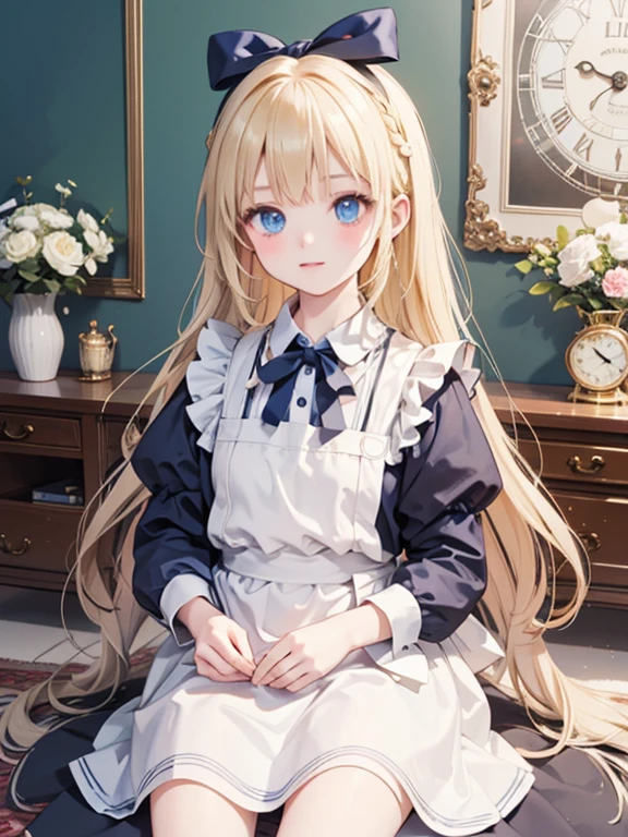 masterpiece, highest quality, Very detailed, 8k, Ultra-high resolution, Alice in Wonderland, 10-year-old girl, Detailed face, blue eyes, Blonde, Braid, Long Hair, Ribbon on head, Blue Dress, White apron, In a room with a big clock, Clock, wall clock, carpet, Duck sitting