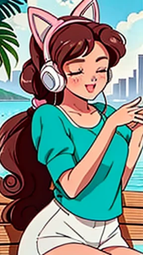 1girl, long hair, curly hair, pulled back into a high ponytails, eyes closed, blushing, sitting on bench, beautiful scenery, cat headphones,