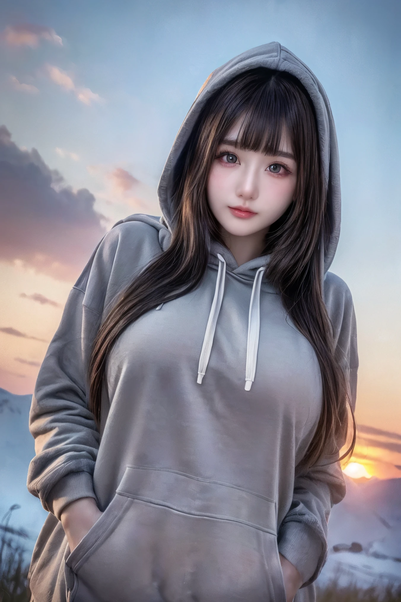 highest quality、Ultra-high resolution、1 daughter、Extremely clear and detailed skin、Detailed face、Detailed eyes、smile、The right eye is closed、Model Body Type、Well-trained proportions、Long Hair、Black Hair、Hair tucked behind ear、(Put on a grey hoodie)、Sexy Swimwear、Light blue thong、Realistic、Horizon Sea、sunset、Sunset light、Professional Lighting、Playing on the sandy beach、