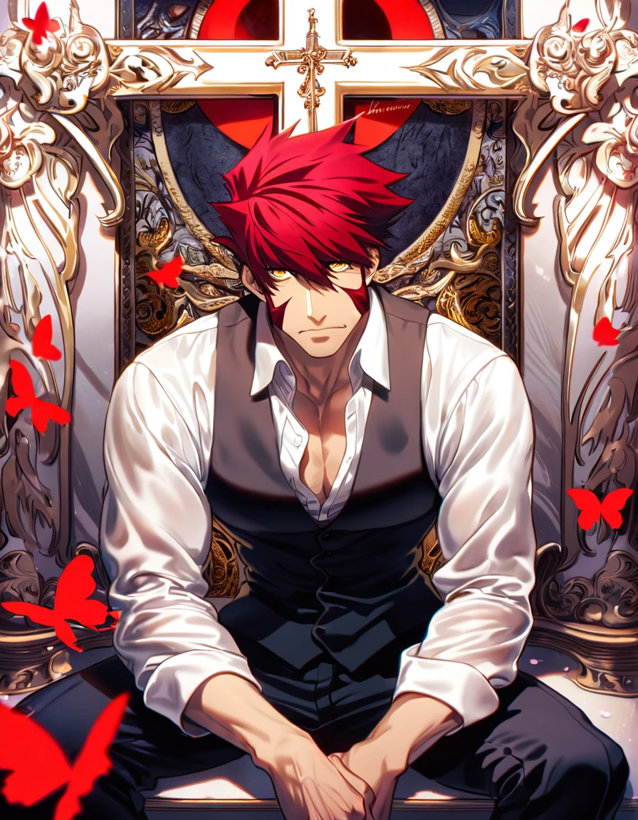 absurdres, highres, ultra detailed, HDR, master piece, best quality, extremely detailed face and eyes, Klaus Von Reinhertz, red hair, expressive yellow eyes, Kekkai Sensen, solo, sexy man, handsome, toned chest, white shirt, black vest, sitting, cross, red butterflies, petals, magical