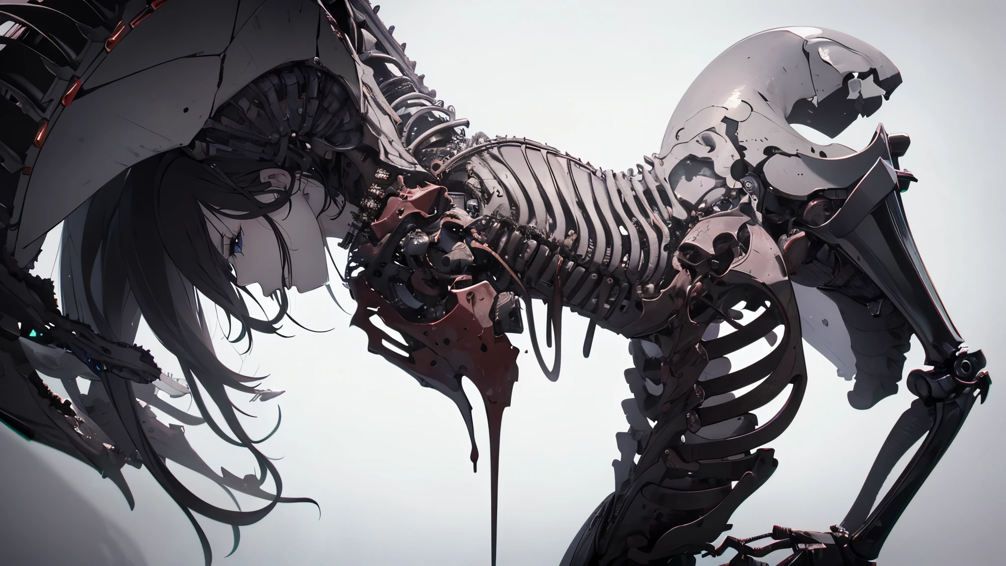 ((8K resolution))、((highest quality))、((masterpiece))、((Very detailed))((((dramatic))), (Anatomically correct)、The depth of the object to write、Looking at the camera、front、(woman、Mechanical bones格、Mechanical boneechanical Cervical Vertebra、Long and thin、lipstick、Spit sludge from the mouth、Bloody)、spooky、an ominous、((theme、whole body:1.1)), SF、Design、White Background