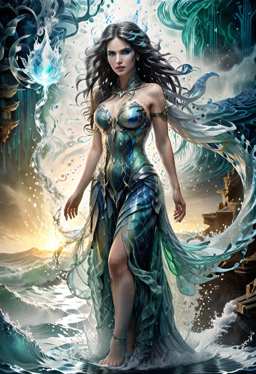 (masterpiece:1.2), (best quality), (detailed), (intricate), (8k), (HDR), (wallpaper), (cinematic lighting), (sharp focus), Aphrodite as Poseidon in wrath, water wrapped around body, perfect body, perfect face, perfect hands, hold an blue flames astral orb, floating on water, blue flames eyes, wavy long hair, no dress, body exposed, disclose, ethereal white dragon, ethereal water, ethereal, massive smoke, blue-green smoke,  feet on clouds, UHD, ultra detailed, hyper realistic, surrealism, epic realism freeze iced, no chest dress, glowing skin, perfect face, perfect body, Phoenix flames, glitter night
