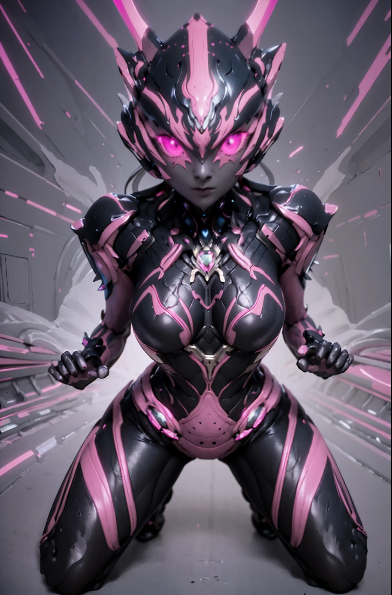 Ultraman Woman. （high quality）（luster）（Black and Pink thema color）（Black helmet. Black  Face）women only. The whole body is covered with a black bodysuit. Spike decoration. Pink lines all over the body. purple coloreye. pink glow crystal. pink sharp claw. squat pose. Emphasize the belly button. dark background. 