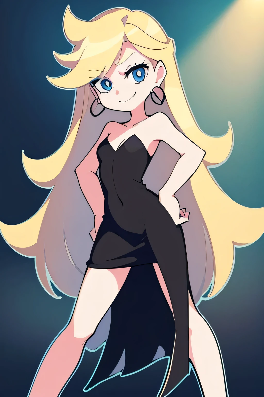 masterpiece, best quality, solo, 1 girl, psgpanty, black dress, blue eyes, long hair, blonde hair, hoop earrings, upper body, collarbone, bare shoulders, strapless, black sweetheart dress, black pencil skirt, right arm down, contrapposto, left hand on own hip, parody, smile, outdoor, standing up