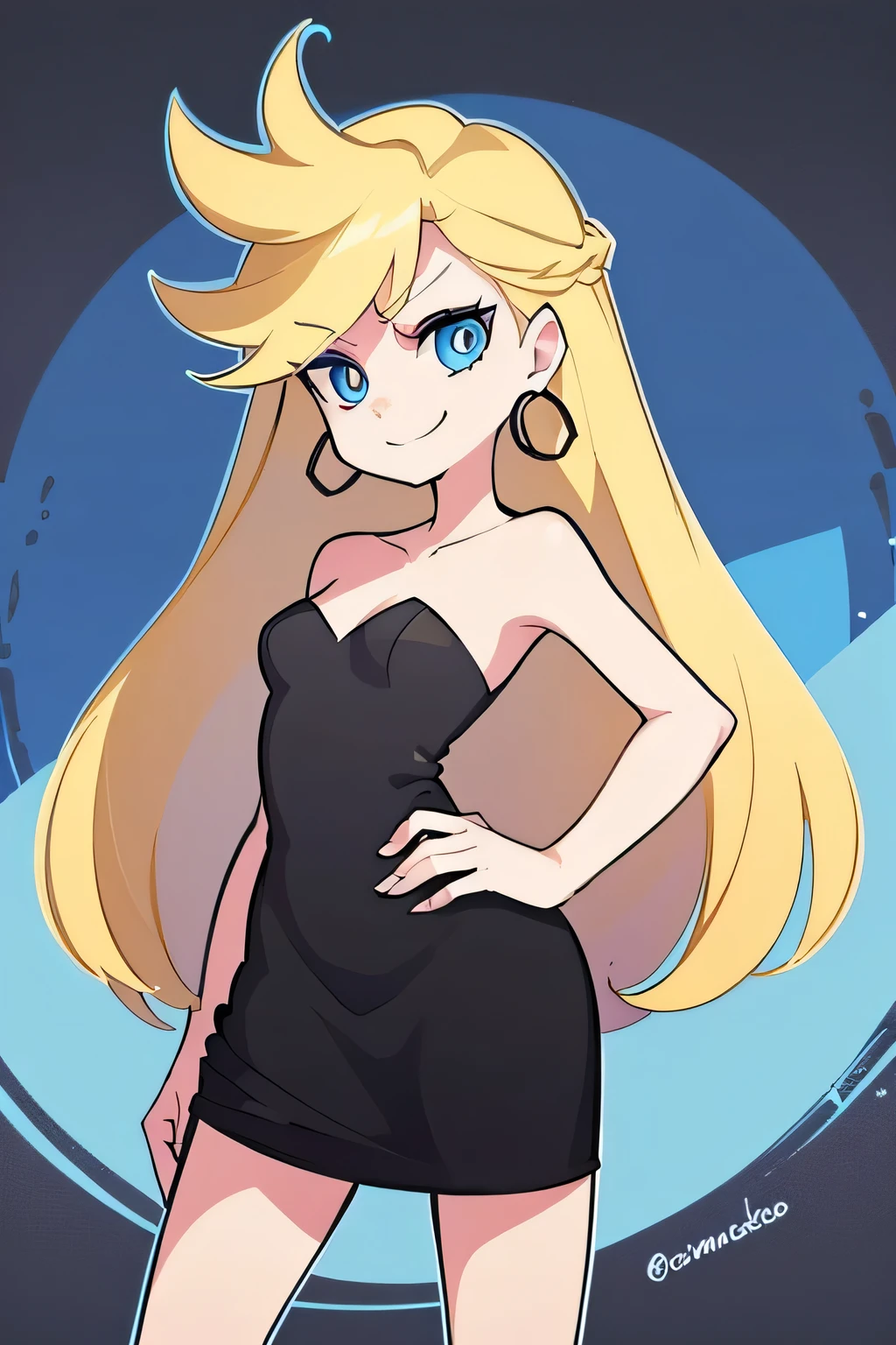 masterpiece, best quality, solo, 1 girl, psgpanty, black dress, blue eyes, long hair, blonde hair, hoop earrings, upper body, collarbone, bare shoulders, strapless, black sweetheart dress, black pencil skirt, right arm down, contrapposto, left hand on own hip, parody, smile, outdoor, standing up