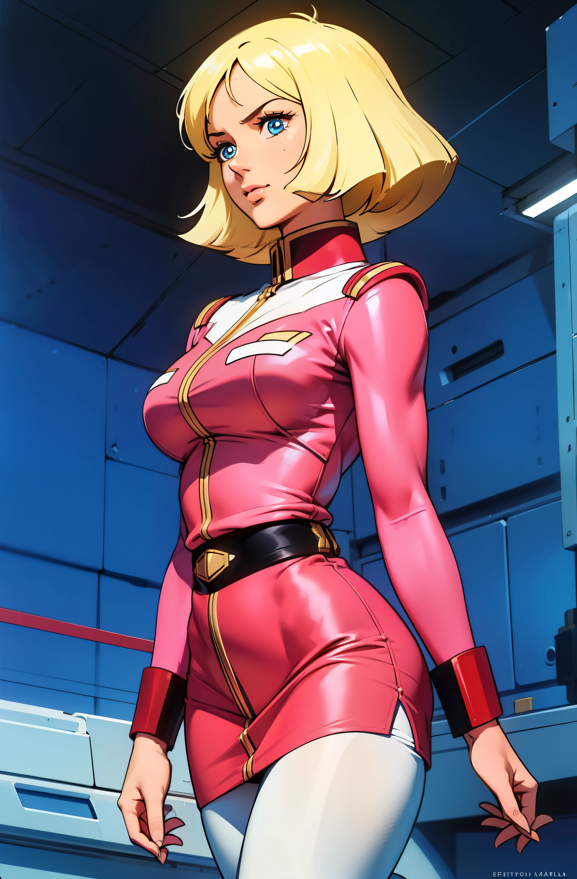 ((masterpiece)), ((cinematic lighting)), realistic photo、Real Images、Top image quality、1girl in, sayla mass, Elegant, masterpiece, Convoluted, slim arms, wide hips, thick thighs, thigh gaps, Best Quality, absurderes, high face detail, Perfect eyes, mature, Cowboy Shot, , Vibrant colors, soft pink uniform, soft pink Skirt, white tights, side view