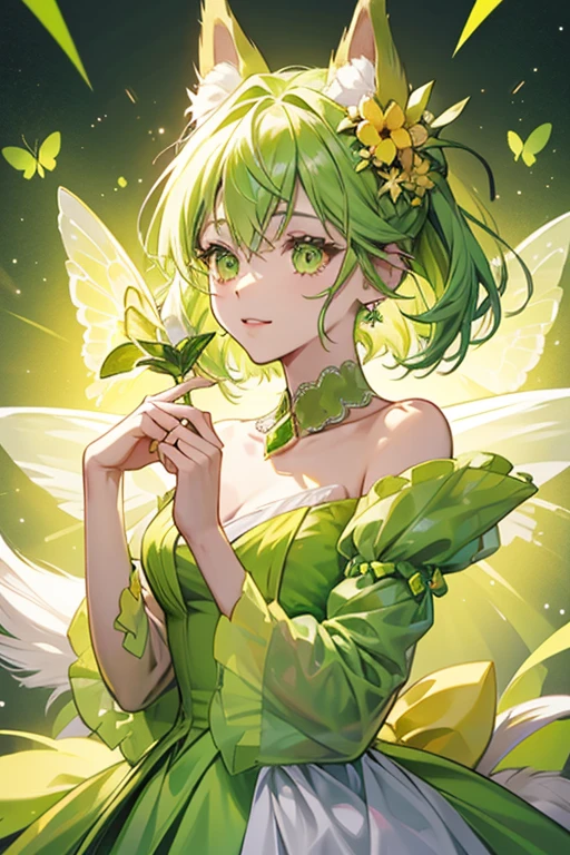 Peridot is a Papillon GIRL dog with a yellow body, white chest fluff and ear tufts and green ears and tail. Her Jewel Eyes are made out of green peridots. For her attire, she wears a green and yellow butterfly-shaped hair clip by her left ear and a green and yellow flower garland around her neck. SPARKLE; GLITTER