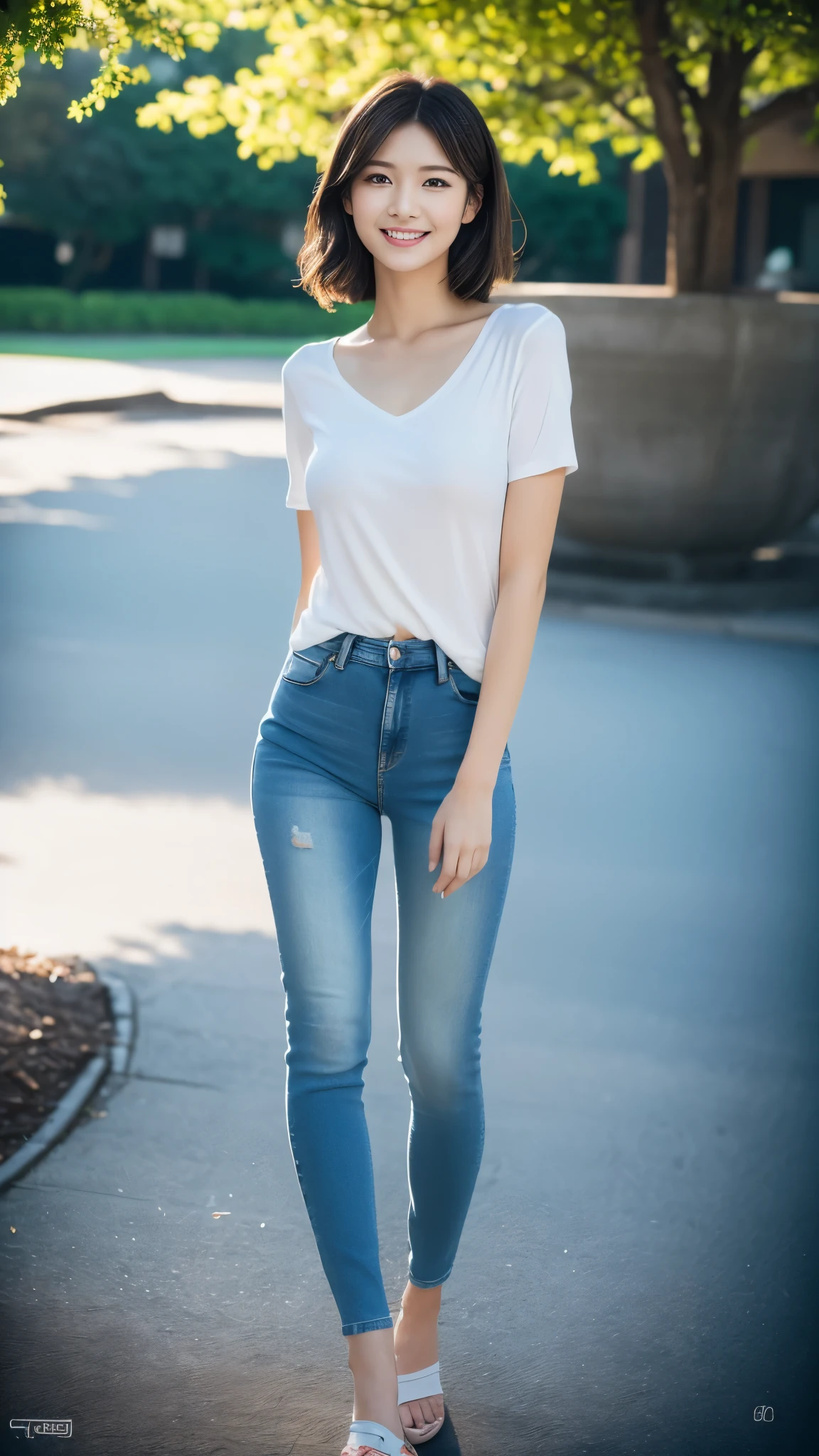 (超A high resolution,RAW Photos,8k,KHD,highest quality,masterpiece:1.5),(Intricate details,Realistically),One very beautiful woman, 30 years old, High resolution, Highly detailed face, (Professional Lighting,Bokeh),(Particles of light,Lens flare brilliance,Luminous Particles:0.6),Gentle soft lighting,Trendy atmosphere,Japanese,Street,Stylish side-wavy short hair,Bobohead, Brown haired, hair is delicate and soft,Spread your wings, Lips parted, mouth紅, Captivating smile, smile, mouth, teeth, There are small dimples,White Swan Neck,Shave your shoulders, Big Chest,(small,Golden ratio numbers),Please wear(Bluish gray)(Perfect fit,Slim fit,体にPerfect fit)Wearing a fashionable white shirt, (Wash Blue)(Fashion Jeans),(Attention to detail in the costumes:1.5), double eyelid,Long eyelashes, Birthmark, (Mole under the eye: 1), Big breasts and small waist,Beautiful ass,Calves are balanced, Thinness:1.2,Small white and soft jade legs,Beautiful toes:1.5,Wear branded fashion sandals:1.0,(Boldness,Coquettish,Playful and beautiful poses,Raised to be sexy,Attractions),Female-centered focus photography,Focus on the hips and crotch,Wide lighting,Natural Shadows,Wide Wide Shot,Close Focus,Full body shot:1.8,Full body photo:1.8