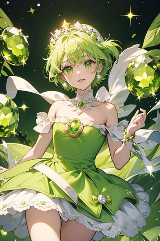 Peridot's Jewel Charm is green and white and roundish-oval shaped. It is decorated with yellow trims and small peridot gems, a white lamb face on the top and a green star-shaped jewel in the center. SPARKLE; GLITTER