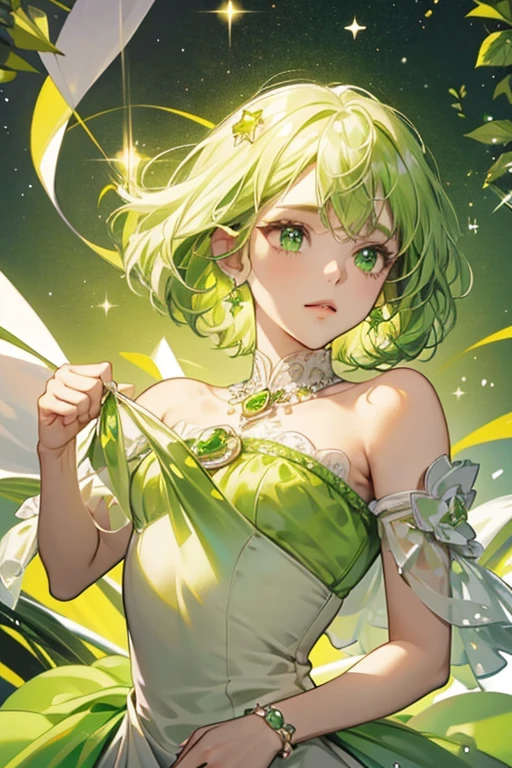Peridot's Jewel Charm is green and white and roundish-oval shaped. It is decorated with yellow trims and small peridot gems, a white lamb face on the top and a green star-shaped jewel in the center. SPARKLE; GLITTER