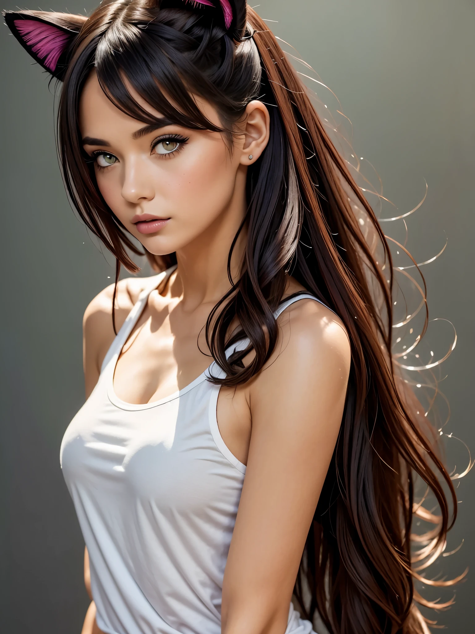 1girl, animal_ear_fluff, animal_ears, bangs, bare_shoulders, black_hair, blush, breasts, cat_ears, closed_mouth, eyebrows_visible_through_hair, green_eyes, grey_background, hair_between_eyes, karyl_(princess_connect!), long_hair, looking_at_viewer, medium_breasts, multicolored_hair, shirt, simple_background, sleeveless, sleeveless_shirt, solo, upper_body, white_background, white_shirt,