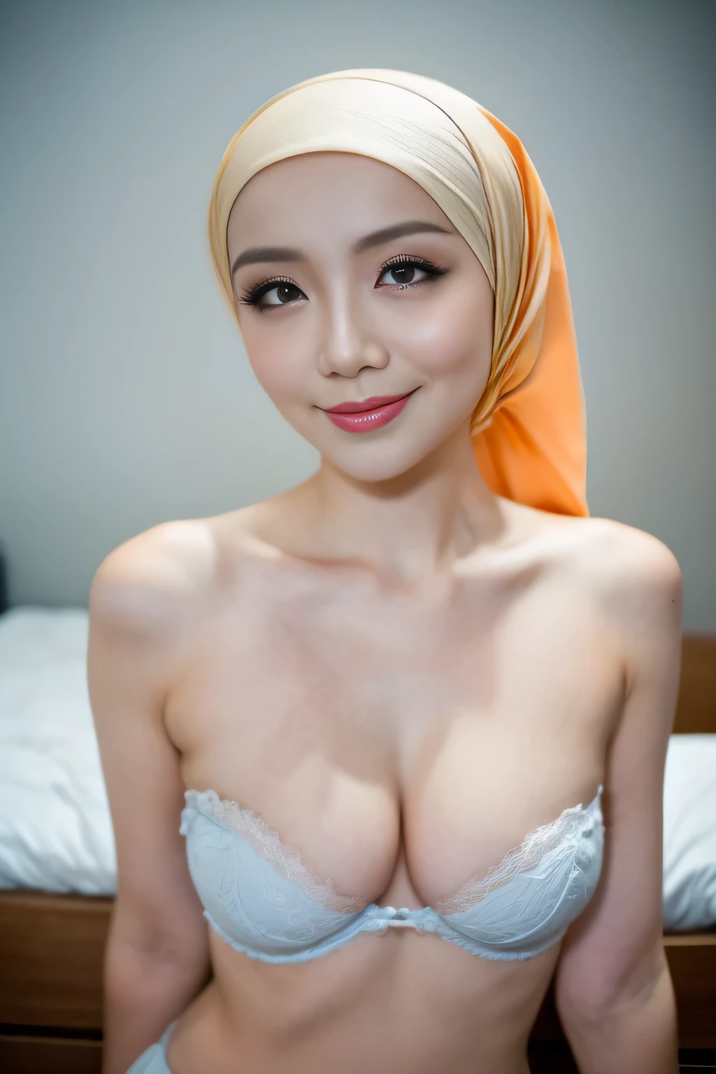 Malay hijab girl wearing sexy orange color satin strapless bra and panties portrait photography, mid shot photo, ultra detail, professional photograph with professional lighting, smile, light blue studio background in the bedroom, sexy seducing pose, curvy