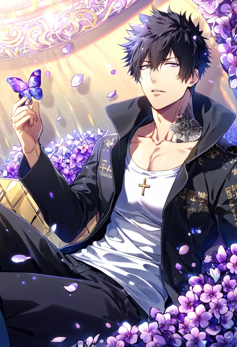 Ultra detailed, Highres, absurdres, HDR, Kougami Shinya, black hair, expressive silver eyes, black coat with patterns, Psycho Pass, white shirt, cross, glittering purple butterflies, petals, handsome, sexy man, solo, very detailed eyes and face, master piece, toned chest, glittering, purple flowers, sitting, tattoo on his neck,